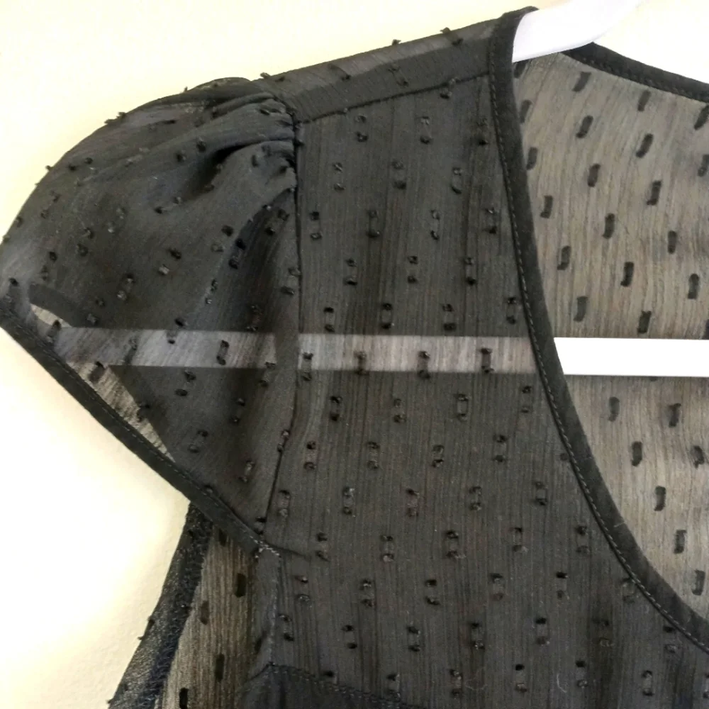 MOLLY BRACKEN Black Swiss Dot Sheer & Jersy  Women's Top Cap slv   Sz S - Picture 2 of 16